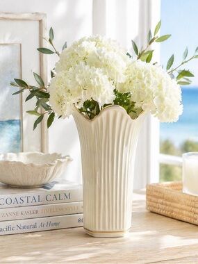 Vintage Lenox Meridian Ivory Vase Gold Trim Scalloped Coastal Grandmillennial